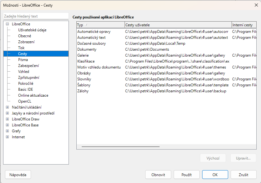 Dialogové okno Cesty používané aplikací LibreOffice