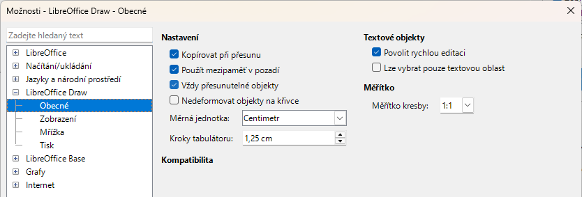 Dialogové okno Možnosti LibreOffice Draw – stránka Obecné