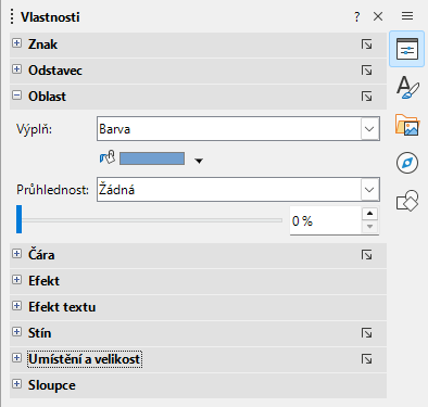 Sekce Oblast na kartě Vlastnosti v postranní liště