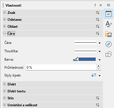Sekce Čára na kartě Vlastnosti v postranní liště