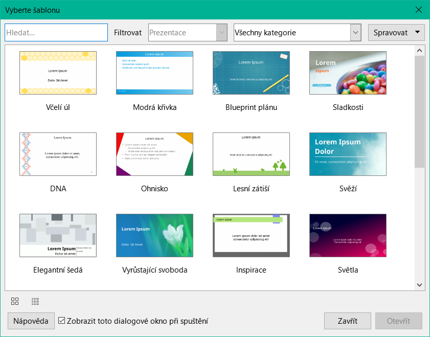 Dialogové okno Vyberte šablonu