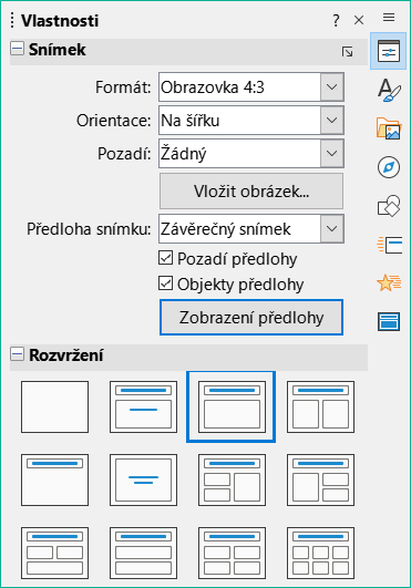 Panely Snímek a Rozvržení snímku na kartě Vlastnosti na postranní liště