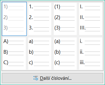 Dialogové okno Další číslování
