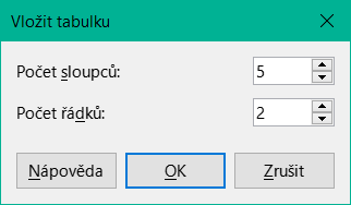 Dialogové okno Vložit tabulku