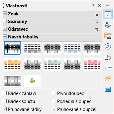 Panel Návrh tabulky na kartě Vlastnosti na postranní liště