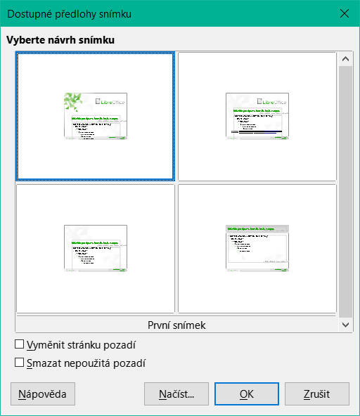 Dialogové okno Dostupné předlohy snímku