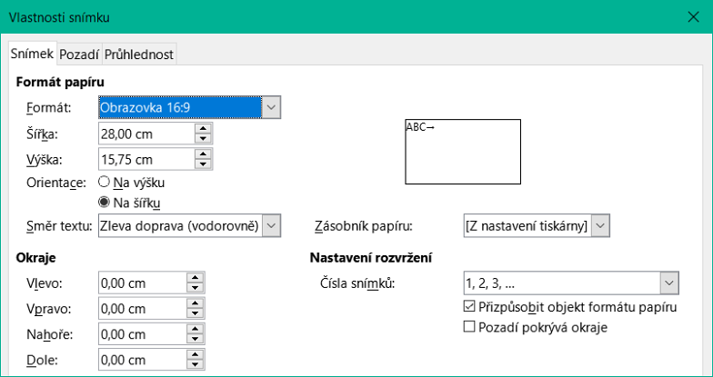 Dialogové okno Vlastnosti snímku