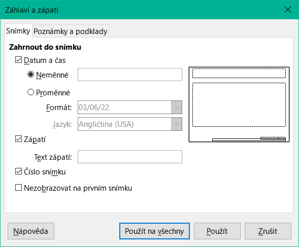 Dialogové okno Záhlaví a zápatí – stránka Snímky