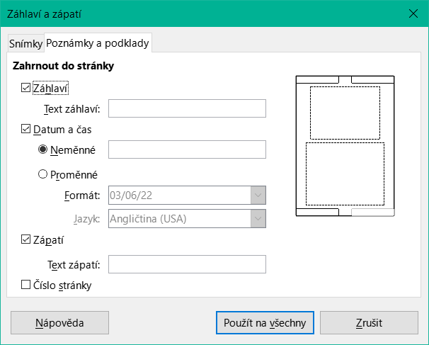 Dialogové okno Záhlaví a zápatí – stránka Poznámky a podklady