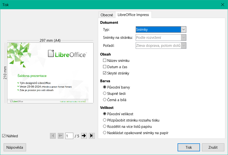 Příklad dialogového okna Tisk – stránka LibreOffice Impres