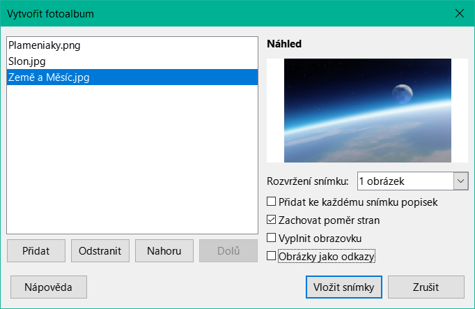 Dialogové okno Vytvořit fotoalbum