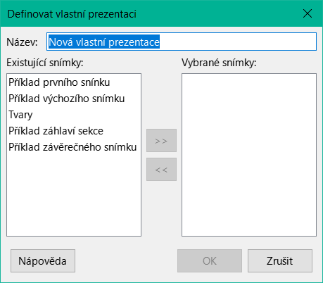 Dialogové okno Definovat vlastní prezentaci