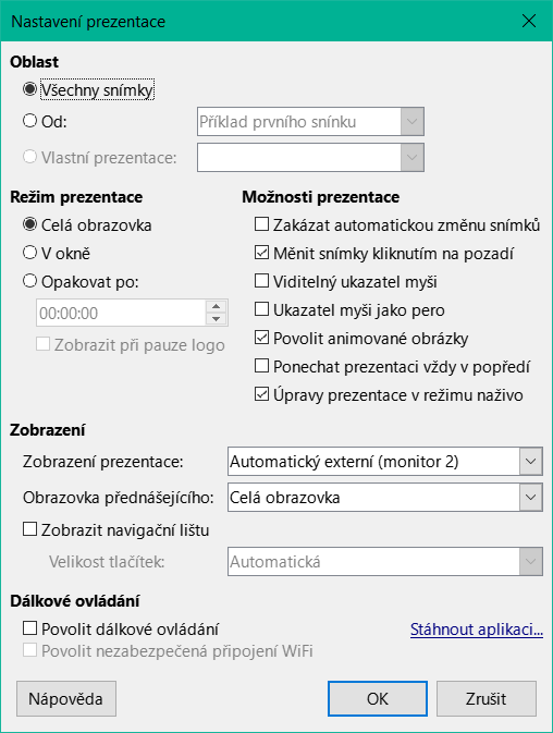 Dialogové okno Nastavení prezentace