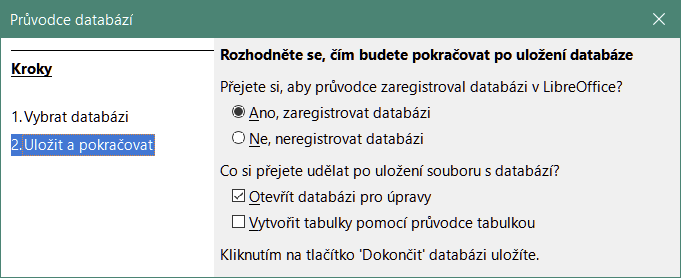 Registrace nové databáze