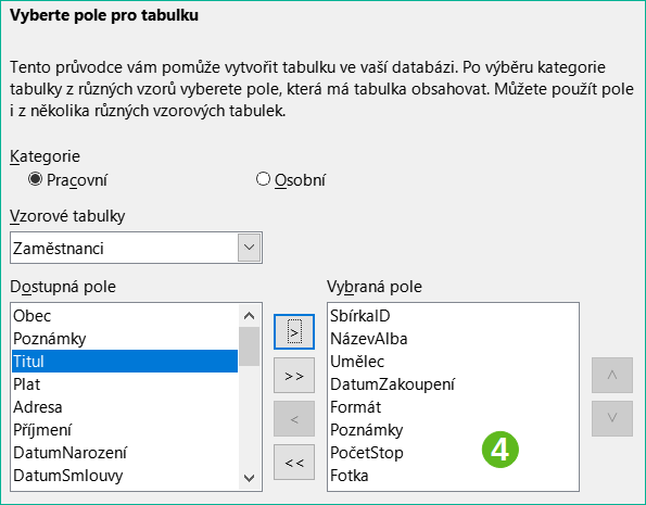 Výběr polí pro tabulku