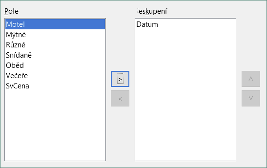 Výběr polí pro seskupování dat