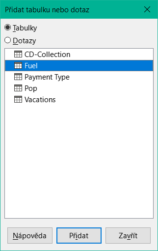 Dialogové okno Přidat tabulku nebo dotaz