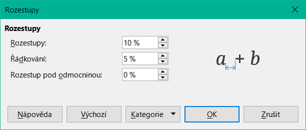 Dialogové okno Rozestupy