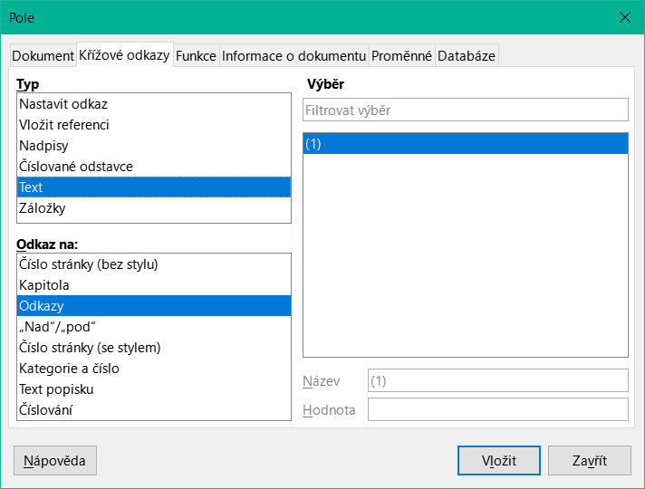 Dialogové okno Pole – karta Křížové odkazy