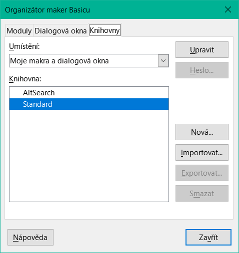 Dialogové okno Organizátor maker LibreOffice Basic, karta Knihovny