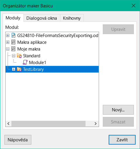 Dialogové okno Organizátor maker Basicu, karta Moduly