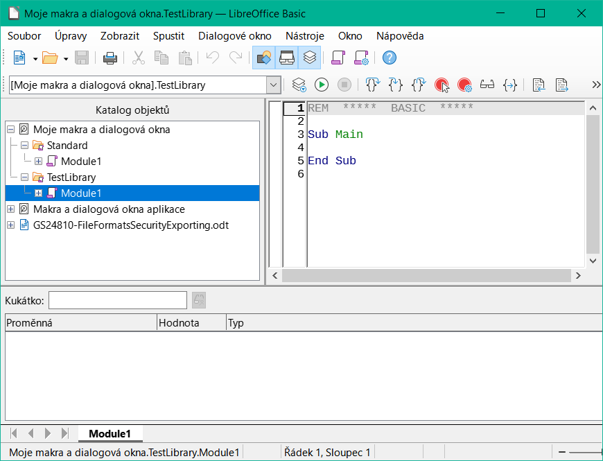Okno IDE (integrované vývojové prostředí) aplikace LibreOffice Basic