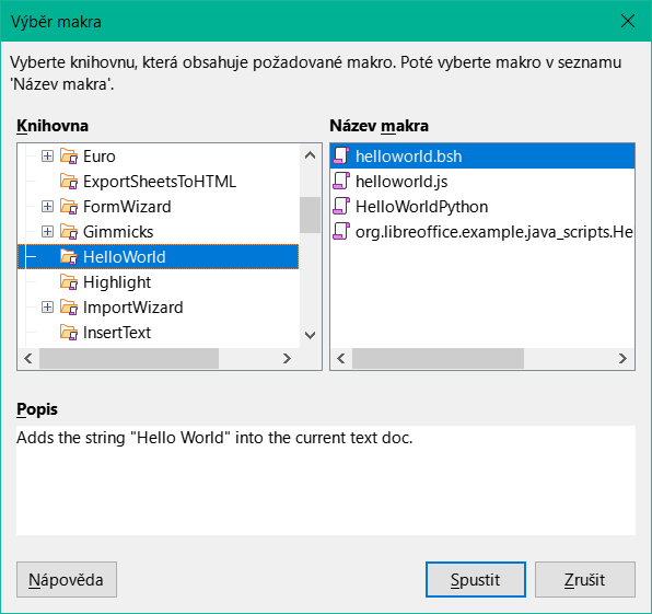 Dialogové okno Výběr makra