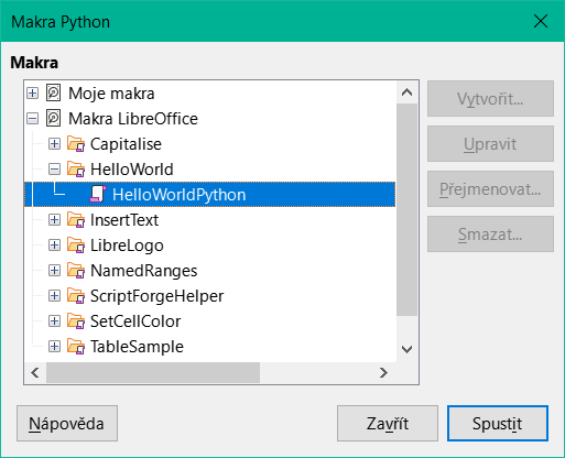 Dialogové okno Makra Python