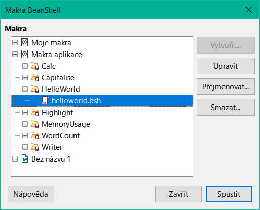 Dialogové okno Makra prostředí BeanShell