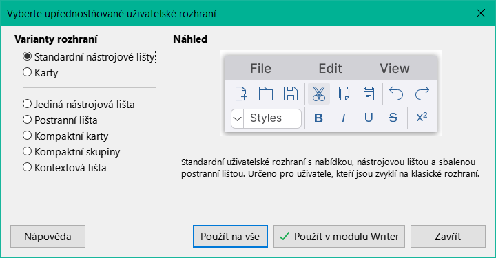 Dialogové okno Vyberte upřednostňované uživatelské rozhraní