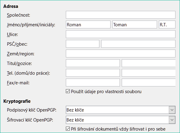 Možnosti – LibreOffice – karta Uživatelské údaje