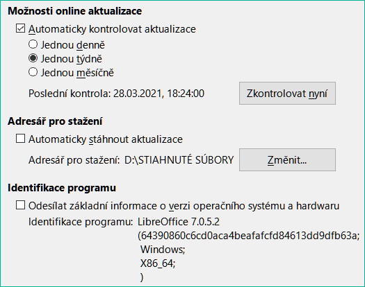 Možnosti – LibreOffice – karta Online aktualizace