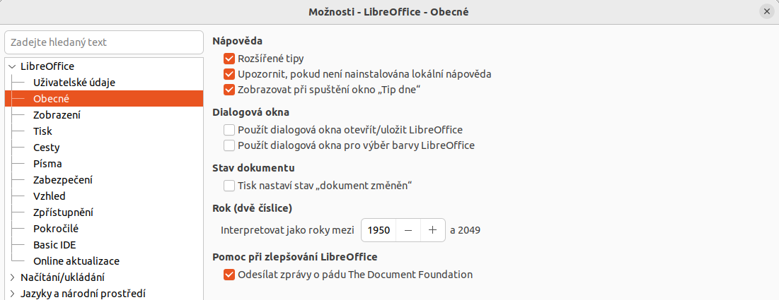 Dialogové okno Možnosti LibreOffice – stránka Obecné