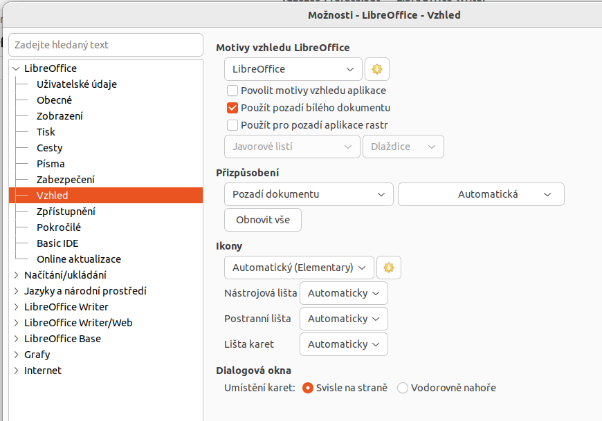 Dialogové okno Možnosti LibreOffice – stránka Obecné