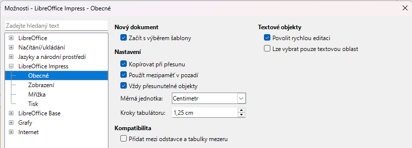 Dialogové okno Možnosti LibreOffice Impress – stránka Obecné