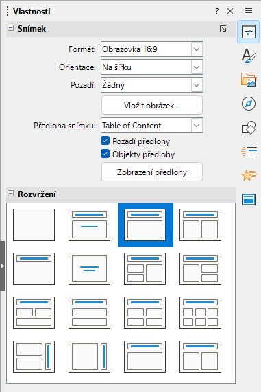 Panel Vlastnosti v postranní liště – panely Snímek a Rozvržení
