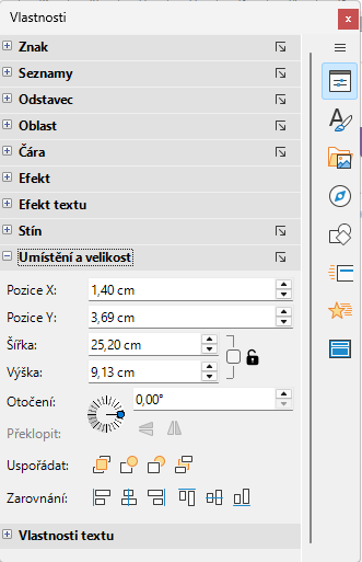 Panel Umístění a velikost na kartě Vlastnosti v postranní liště
