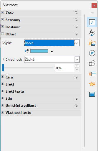 Panel Oblast na kartě Vlastnosti postranní lišty