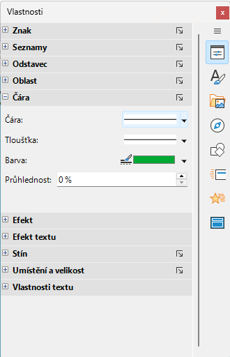 Panel Čára na kartě Vlastnosti v postranní liště
