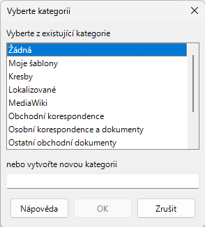 Dialogové okno pro výběr kategorie
