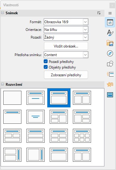 Panely „Snímek“ a „Rozvržení“ na kartě Vlastnosti v postranní liště