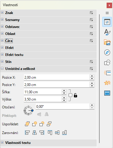 Panel „Umístění a velikost“ na kartě „Vlastnosti“ v postranní liště
