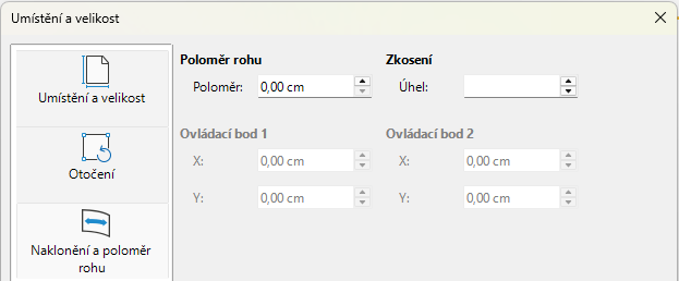 Dialogové okno Umístění a velikost – stránka Zkosení a poloměr rohu