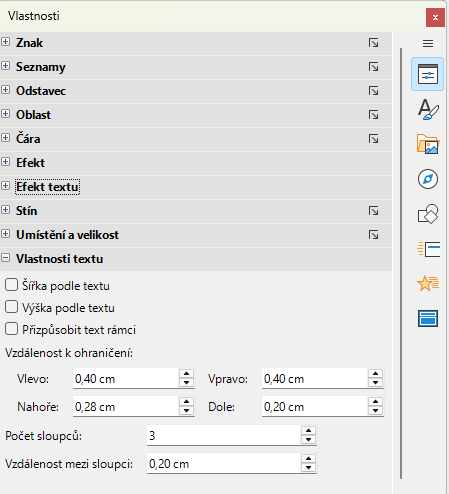 Panel Sloupce na kartě Vlastnosti v postranní liště