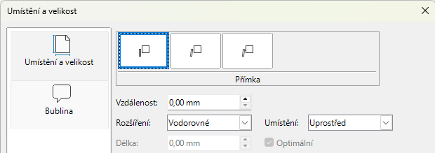 Dialogové okno Umístění a velikost – stránka Bublina