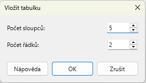 Dialogové okno Vložit tabulku