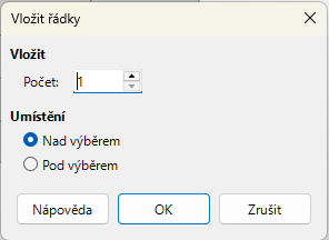 Dialogové okno Vložit řádky
