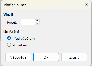 Dialogové okno Vložit sloupce