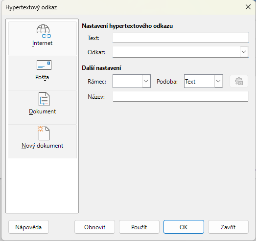 Dialogové okno Hypertextový odkaz – stránka Internet