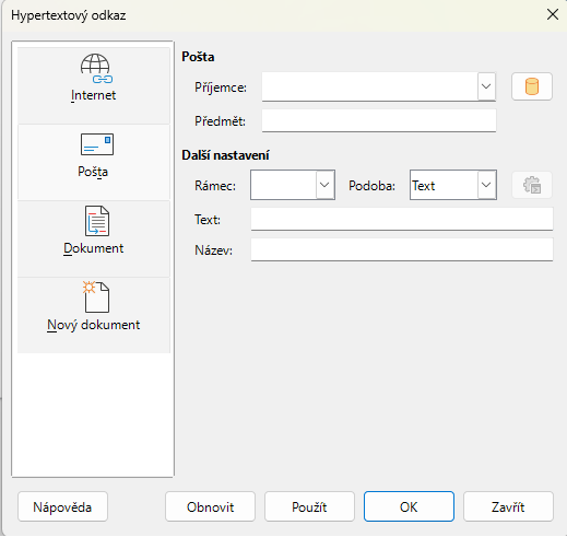 Dialogové okno Hypertextový odkaz – stránka Pošta